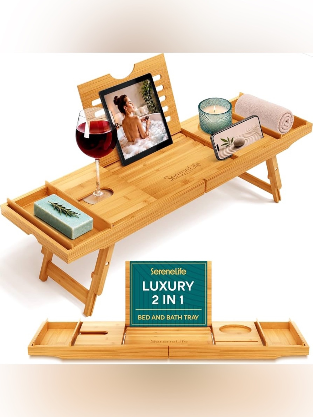 Serene Life Bamboo Bath & Bed Tray - Natural